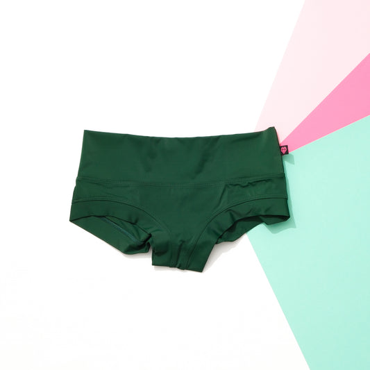 Hunter green high‑waisted pole shorts handmade in Canada