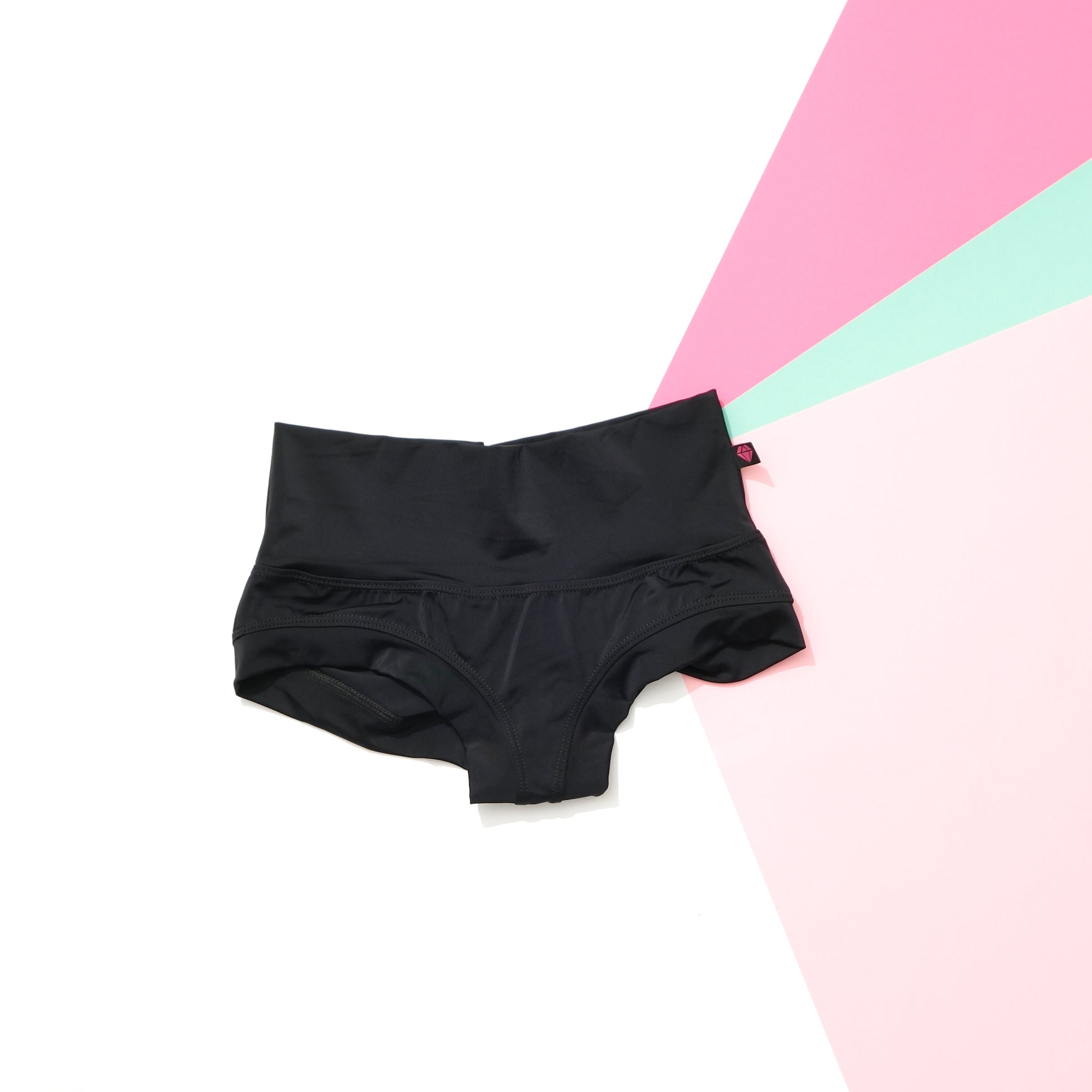 Obsidian black high‑waisted booty shorts handmade in Canada