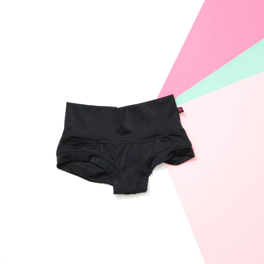 Obsidian black high‑waisted booty shorts handmade in Canada