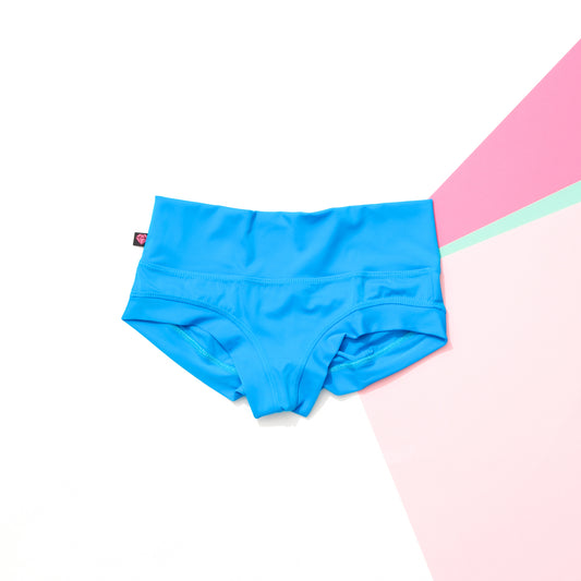 Turquoise high‑waisted pole shorts handmade in Canada